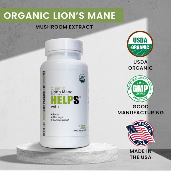 Organic Lion Mane Mushroom Supplement | Organic Lions Mane Powder Capsules | Lion's Mane Extract | Provide Immune Support, Energy Boost | Gluten, Soy, Milk-Free | 60 Capsules